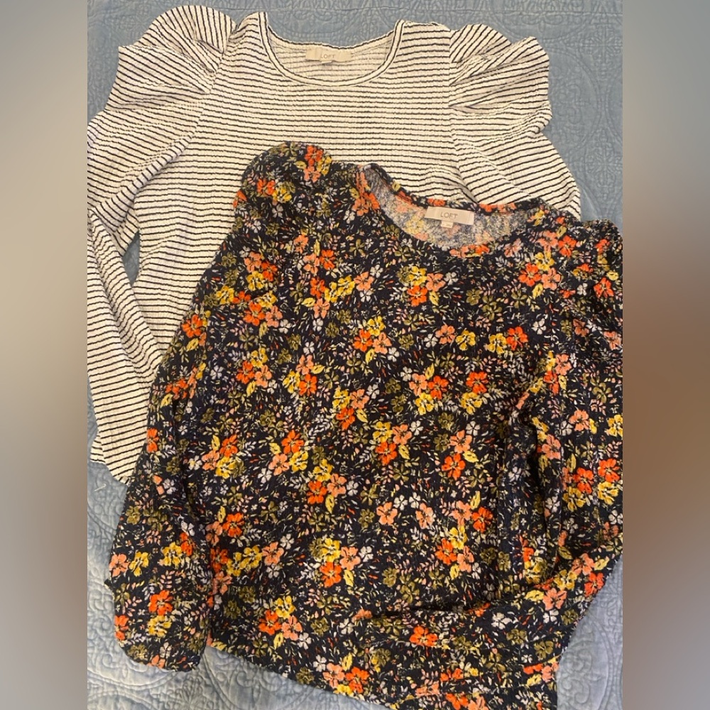 2 Ann Taylor loft large tops stripe floral long sleeve polyester spandex stretch